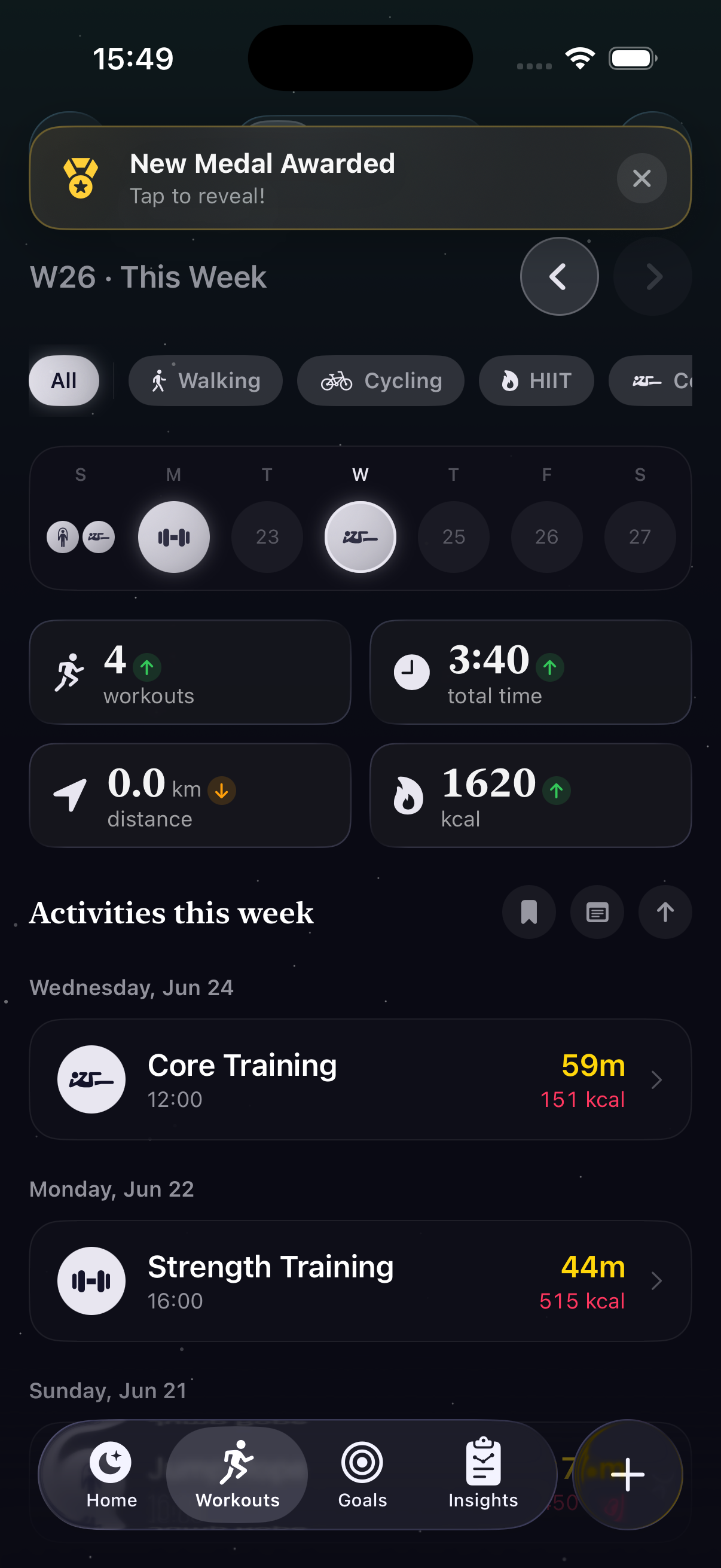 Weekly workout activity stats